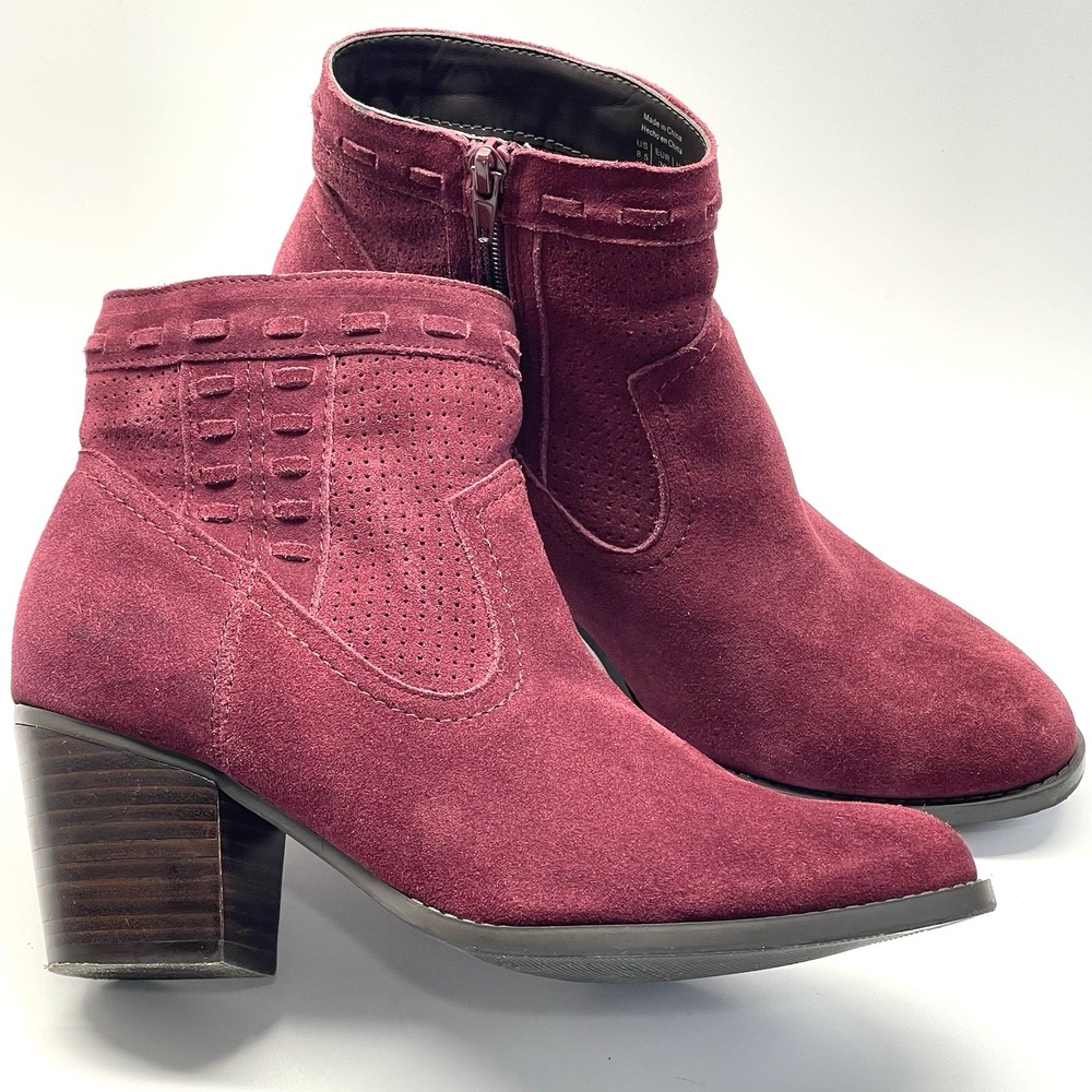 Market & Spruce‎ Burgandy Suede Leather Block Heel Ankle Booties Boots Size 8.5